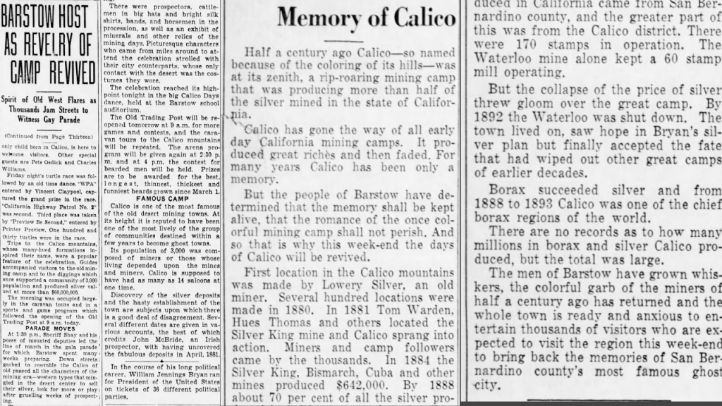 1938 clippings from the Los Angeles Times and San Bernardino County Sun detailing celebrations of Calico Days in Bartos California