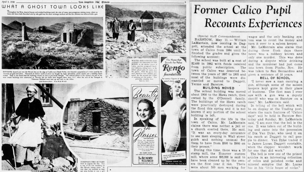 1938 clippings from the Los Angeles Times and San Bernardino County Sun detailing Calico ghost town in California